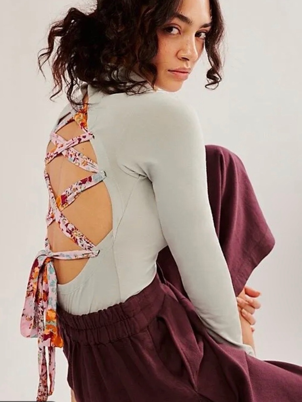 Light Sage Lace-Back Bodysuit with Floral Ties
